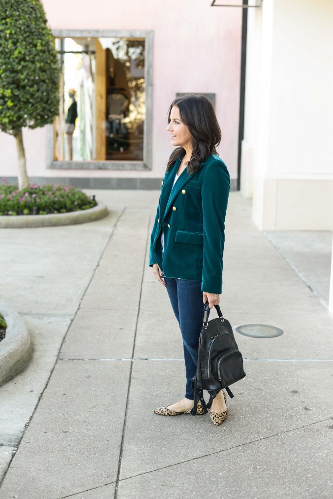 casual fall outfit | dark green velvet blazer | leather backpack purse | Everyday Fashion Blog Lady in Violet