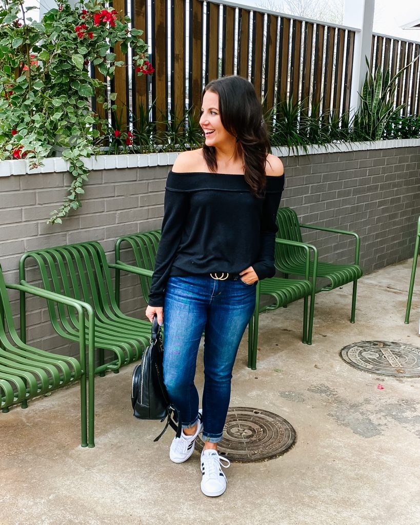 casual outfit | off the shoulder sweater | white adidas sneakers | Houston Fashion Blogger Lady in Violet