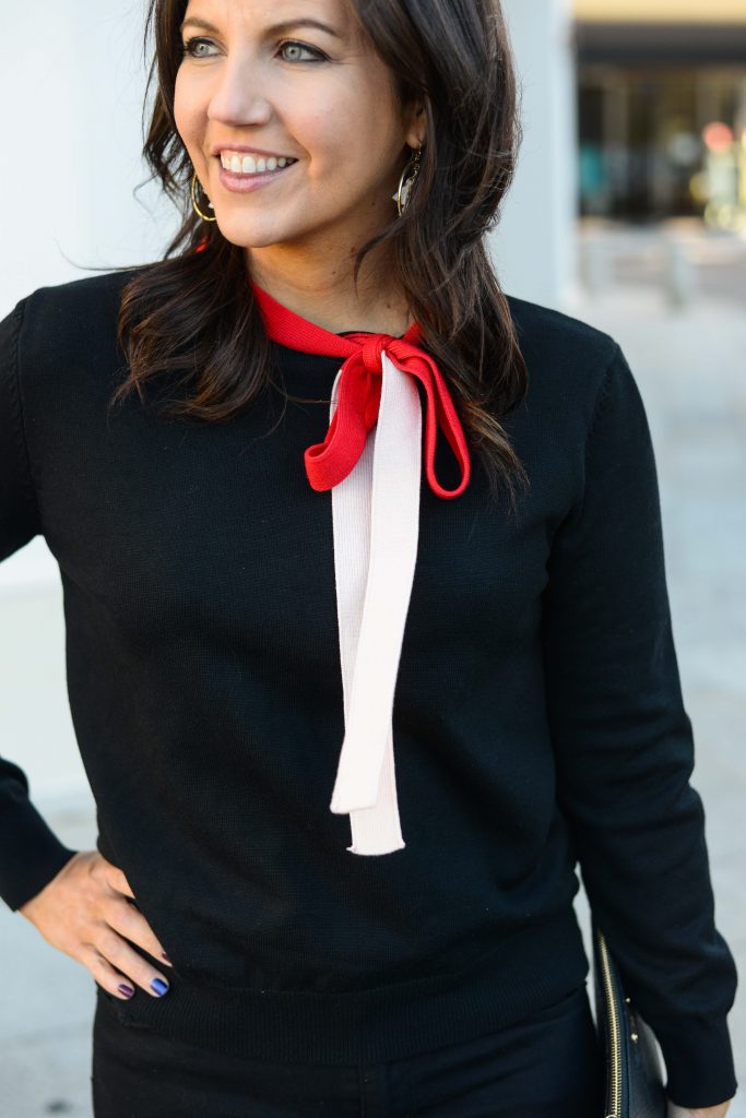 casual winter outfit | red and pink bow sweater | Texas Fashion Blog Lady in Violet