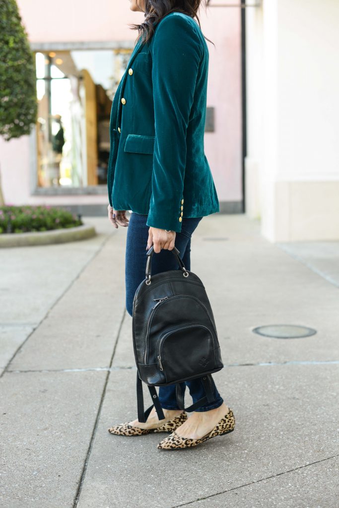 casual fall outfit | teal velvet blazer | leopard print flats | Budget Friendly Fashion Blog Lady in Violet