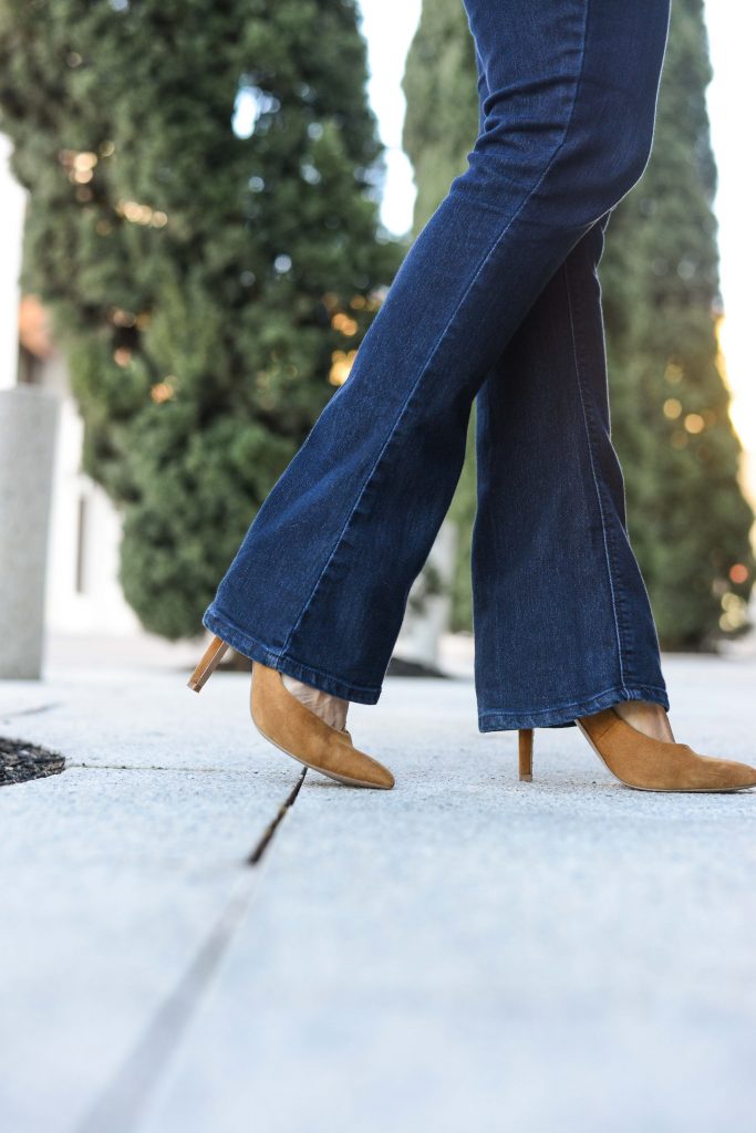 fall outfit | affordable bootcut jeans | tan suede heels | Top Fashion Blog for cute outfits Lady in Violet