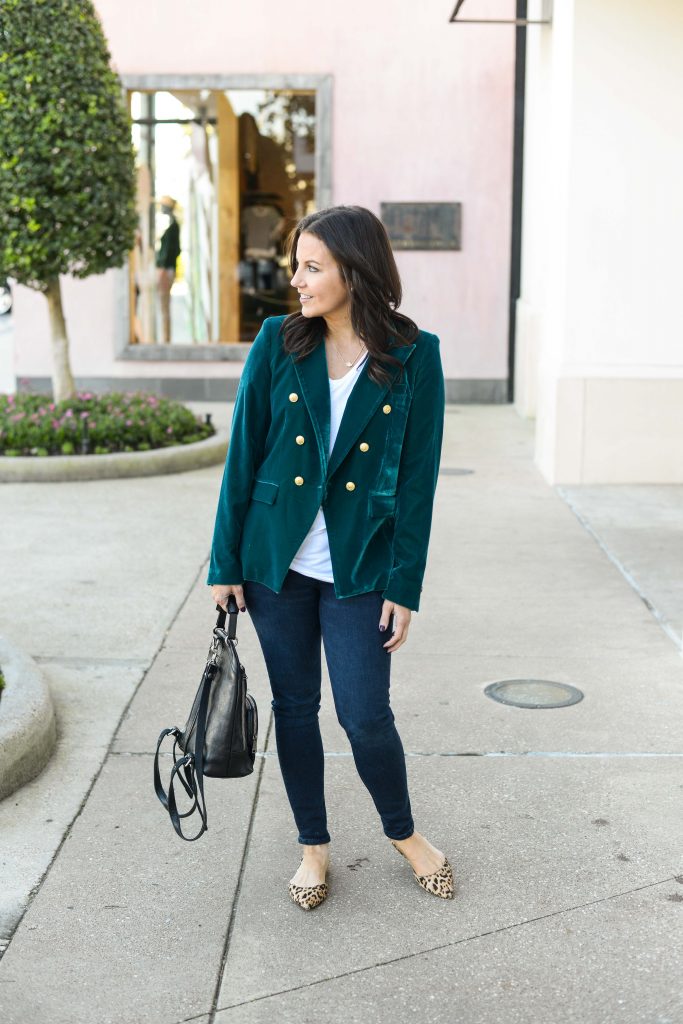 winter outfit | teal green velvet blazer with gold buttons | leopard print flat shoes | Top Outfit Blog Lady in Violet