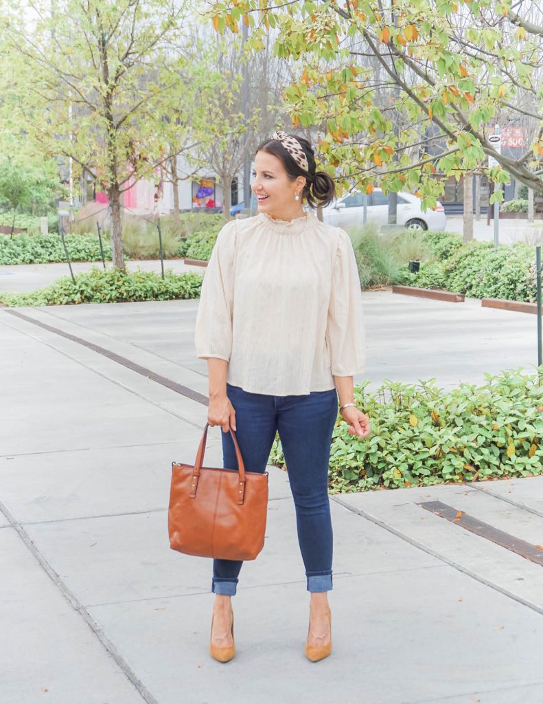 spring outfit | beige high neck blouse | brown leather tote bag | Affordable Fashion Blog Lady in Violet