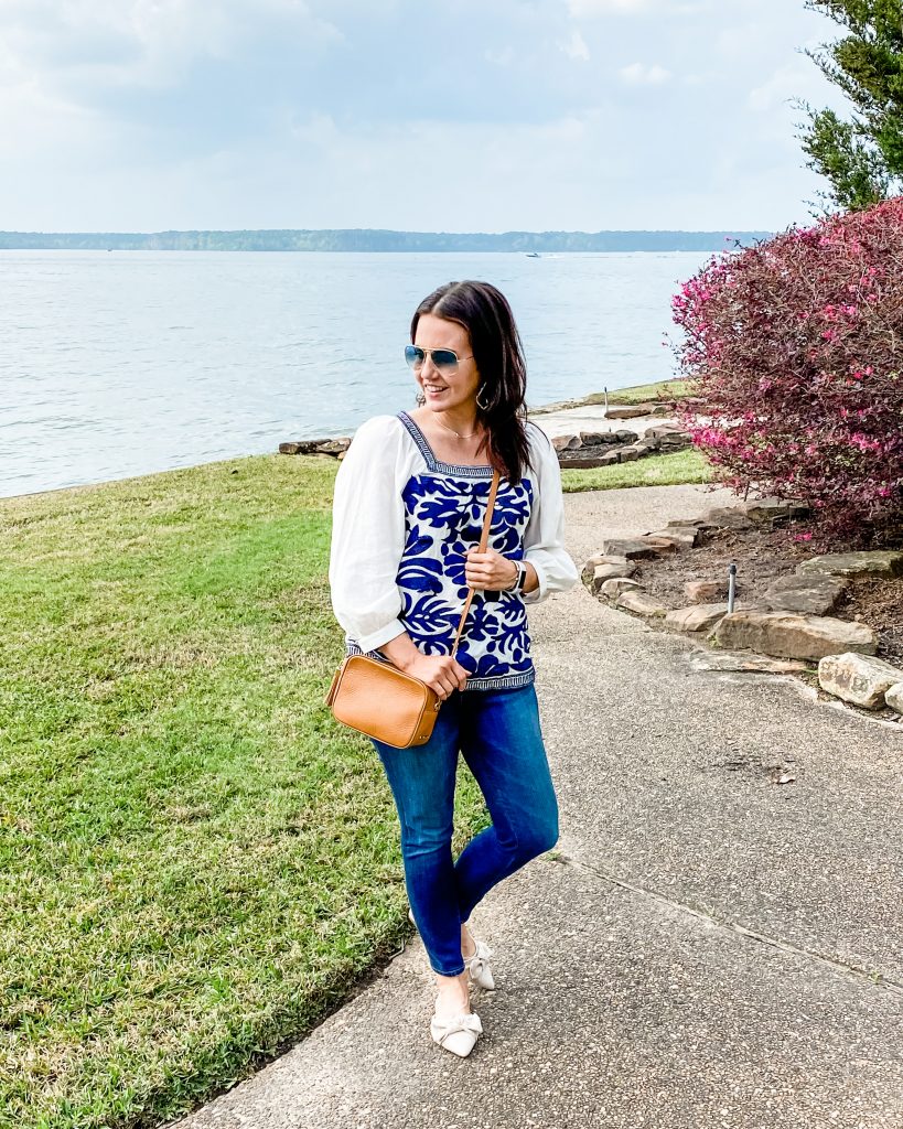 spring outfit | blue embroidered top | tan crossbody purse | Affordable Fashion Blog Lady in Violet