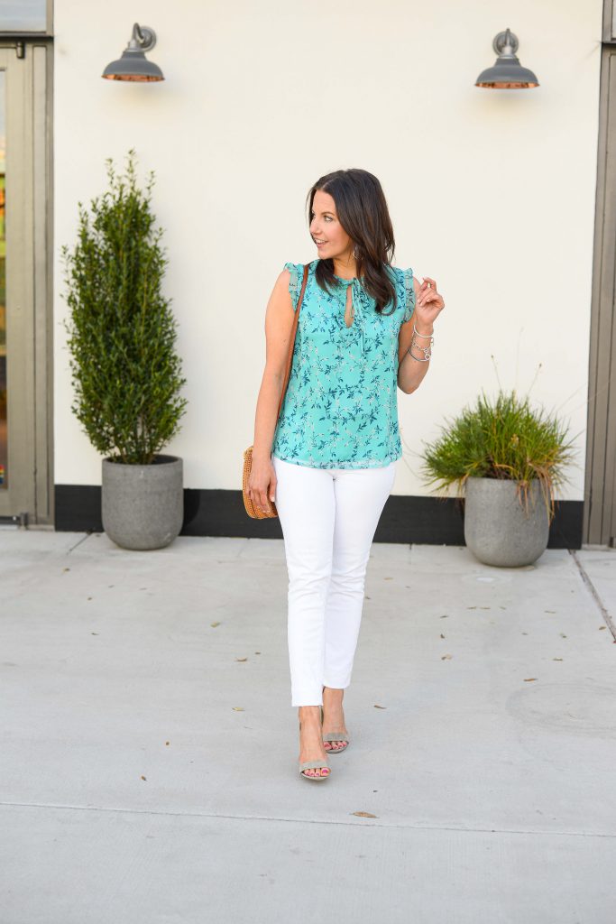 spring outfit | teal floral top | white denim | Affordable Fashion Blog Lady in Violet