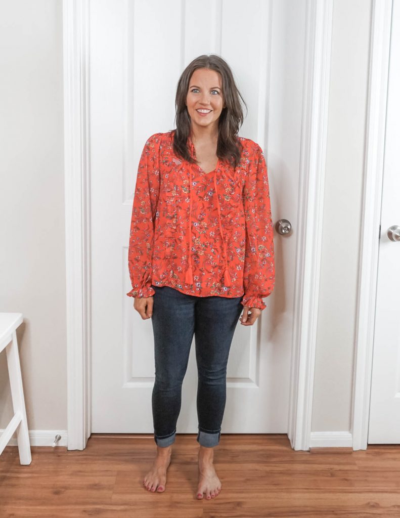 how to put together an outfit | red floral blouse | skinny jeans | Affordable Fashion Blog Lady in Violet