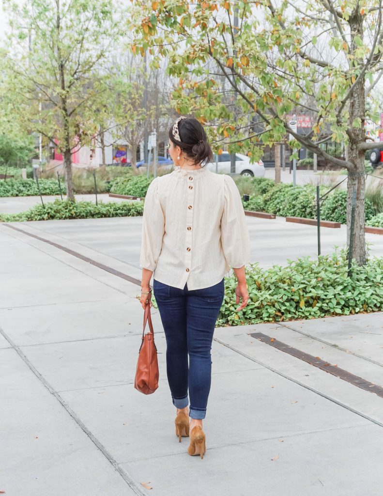 casual spring outfit | button back blouse | dark wash jeans | Everyday Fashion Blog Lady in Violet