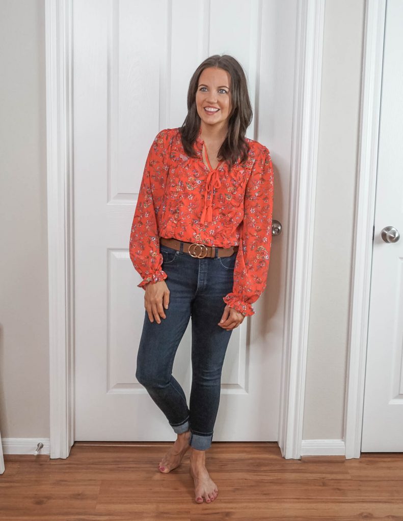 how to style an outfit | red long sleeve floral print top with brown double circle belt | Everyday Fashion Blog Lady in Violet