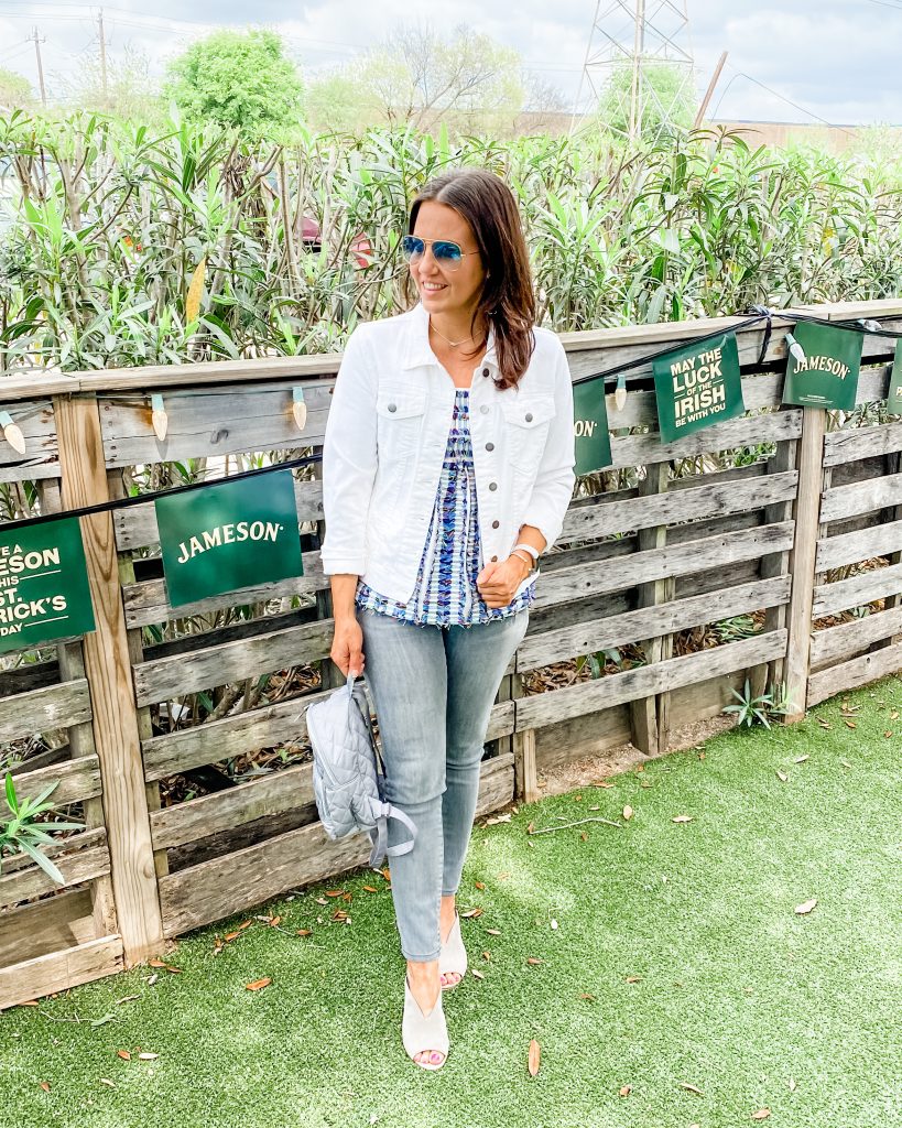 spring outfit | white jean jacket with gray denim pants | Casual Fashion Blog Lady in Violet