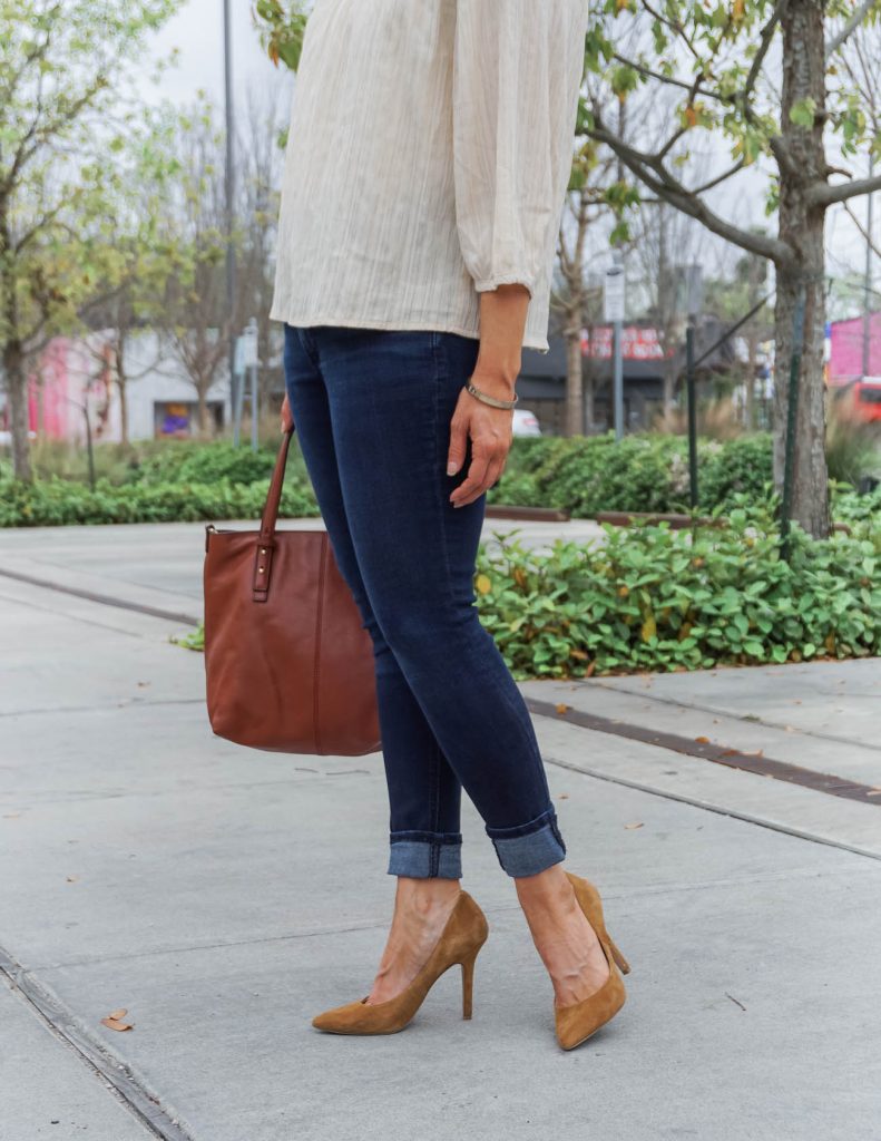 dressy casual outfit | dark blue jeans | brown suede heels | Petite Fashion Blog Lady in Violet