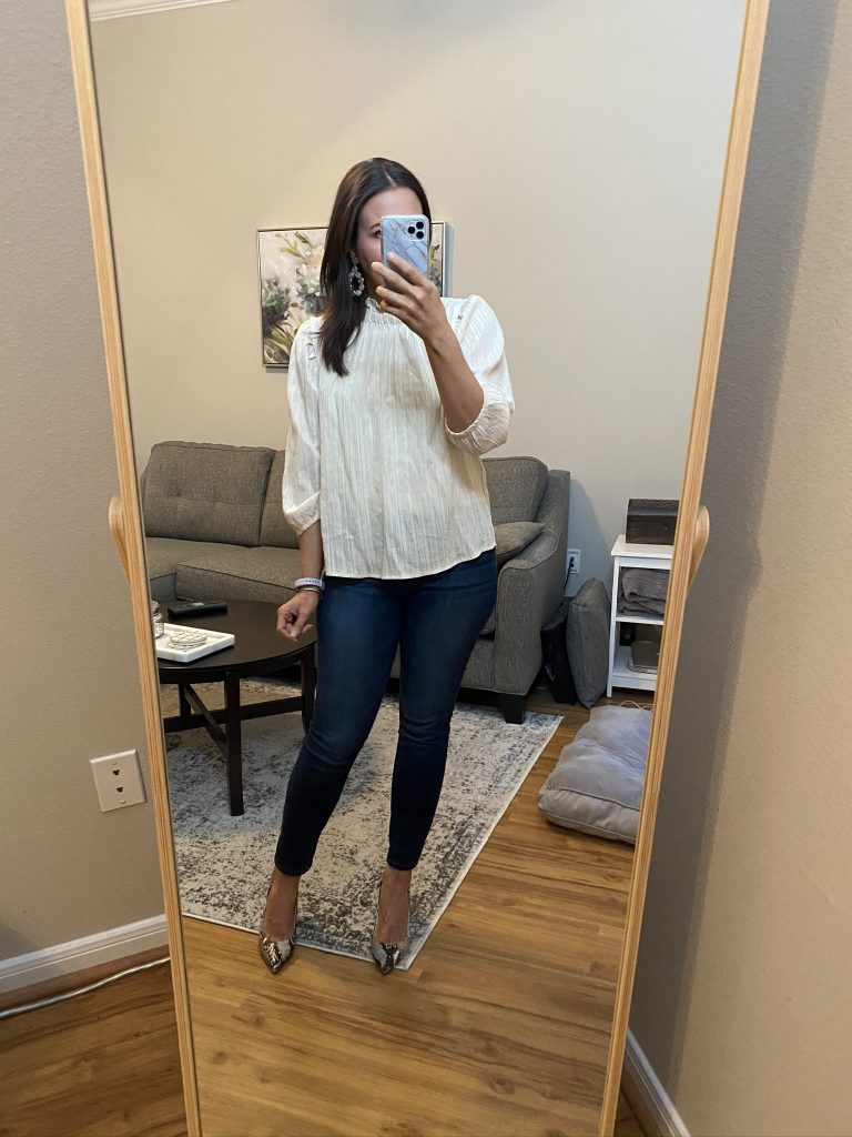 spring work outfit | ivory high neck top | snakeskin heels | Texas Fashion Blog Lady in Violet