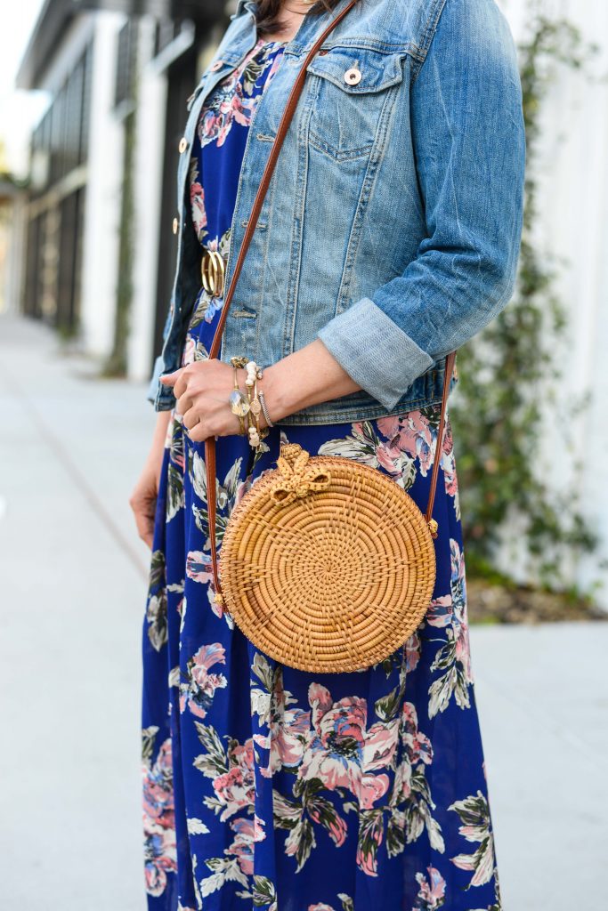 Floral maxi dress hot sale with denim jacket