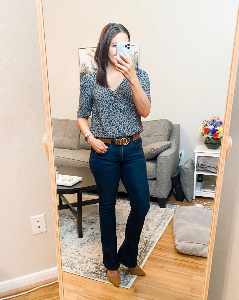 business casual work outfit | gray leopard print top | brown double ring belt | Southern Style Blog Lady in Violet