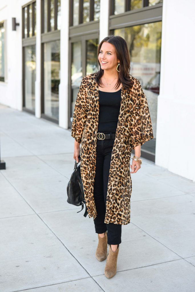 casual fall outfit | long leopard kimono | black double o ring belt | Texas Fashion Blog Lady in Violet