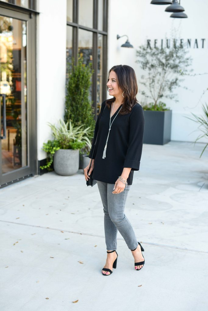 casual spring outfit | long black blouse with light gray denim | Budget Friendly Fashion Blog Lady in Violet