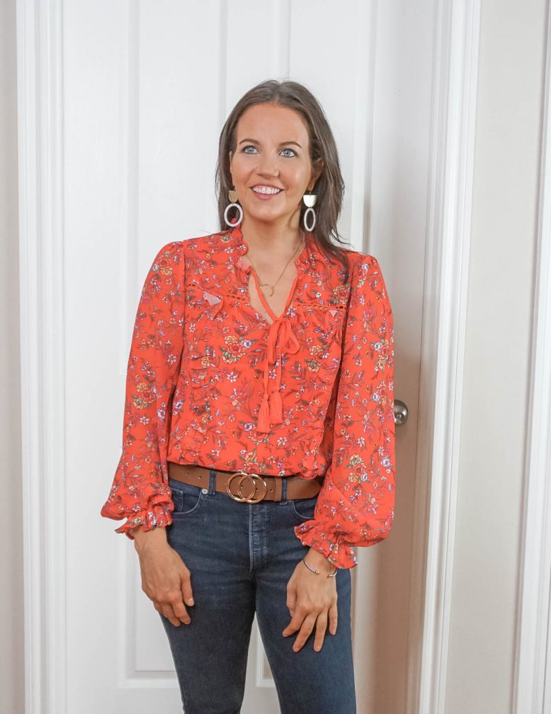 how to create a casual outfit | gold statement earrings | red long sleeve top | Southern Style Blog Lady in Violet