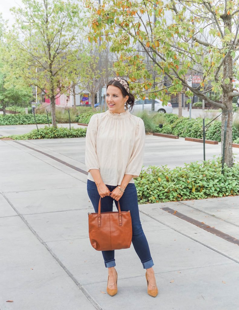 spring brunch outfit | ivory flowy blouse | tan suede heels | Texas Fashion Blog Lady in Violet