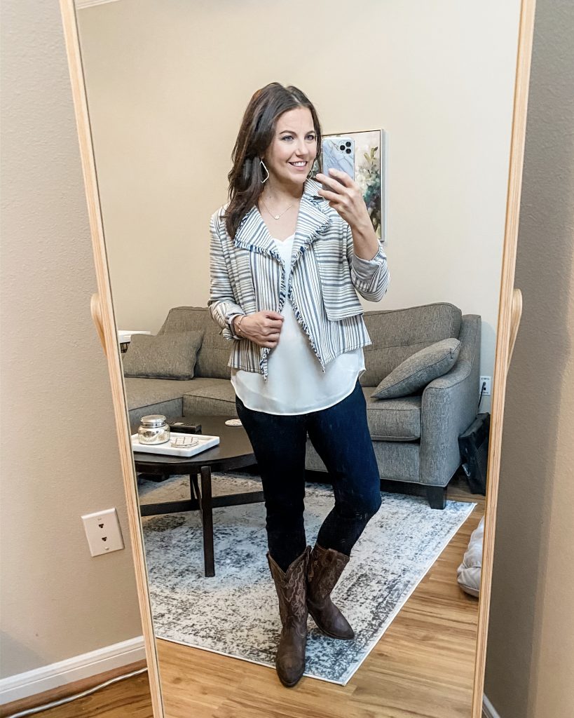 rodeo outfit | striped jacket | cowboy boots | Houston Fashion Blog Lady in Violet