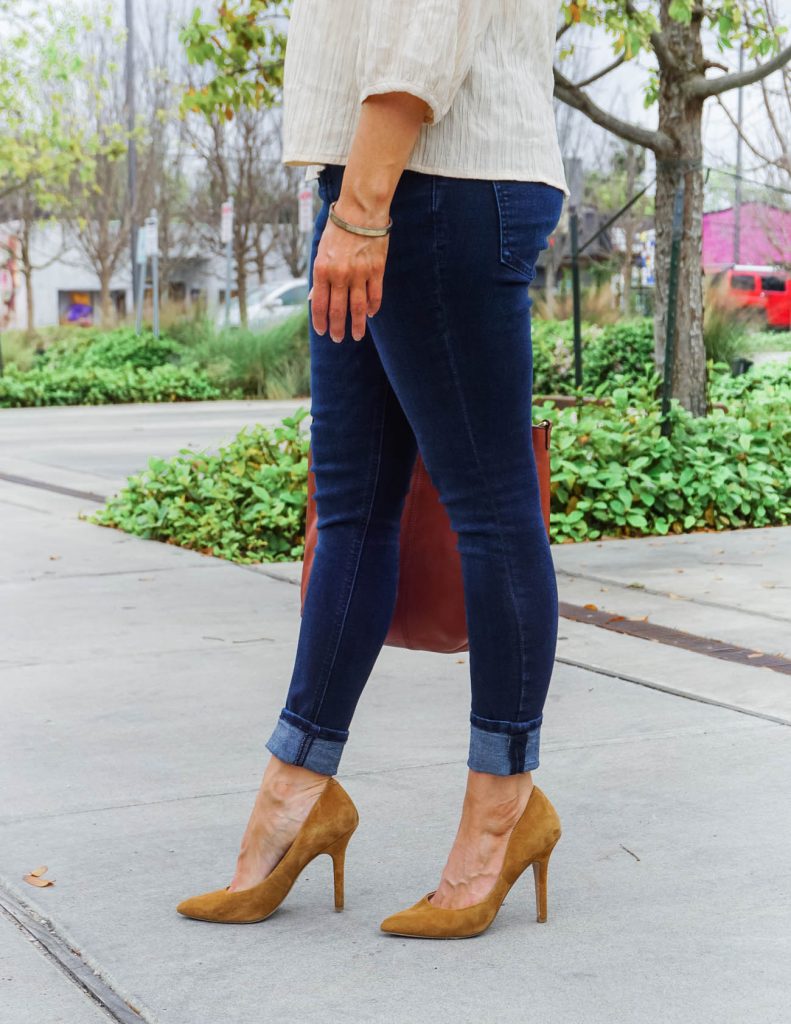 date night outfit | cuffed blue jeans | brown suede heels | Popular Fashion Blog Lady in Violet