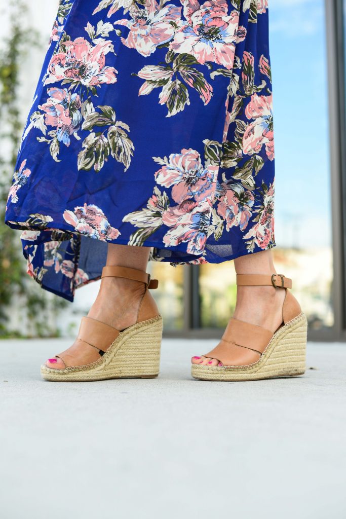 summer outfit | brown espadrille wedge sandals | blue floral maxi dress | Budget Friendly Fashion Blog Lady in Violet