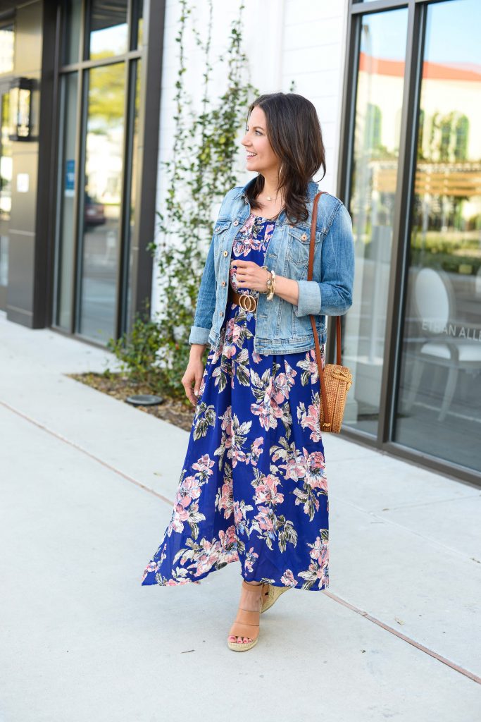 floral maxi dress with denim jacket