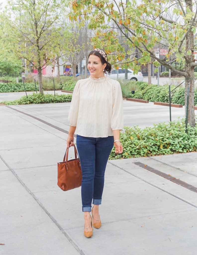 casual spring outfit | mock neck ivory blouse | leopard print headband | Outfit Ideas Blog Lady in Violet