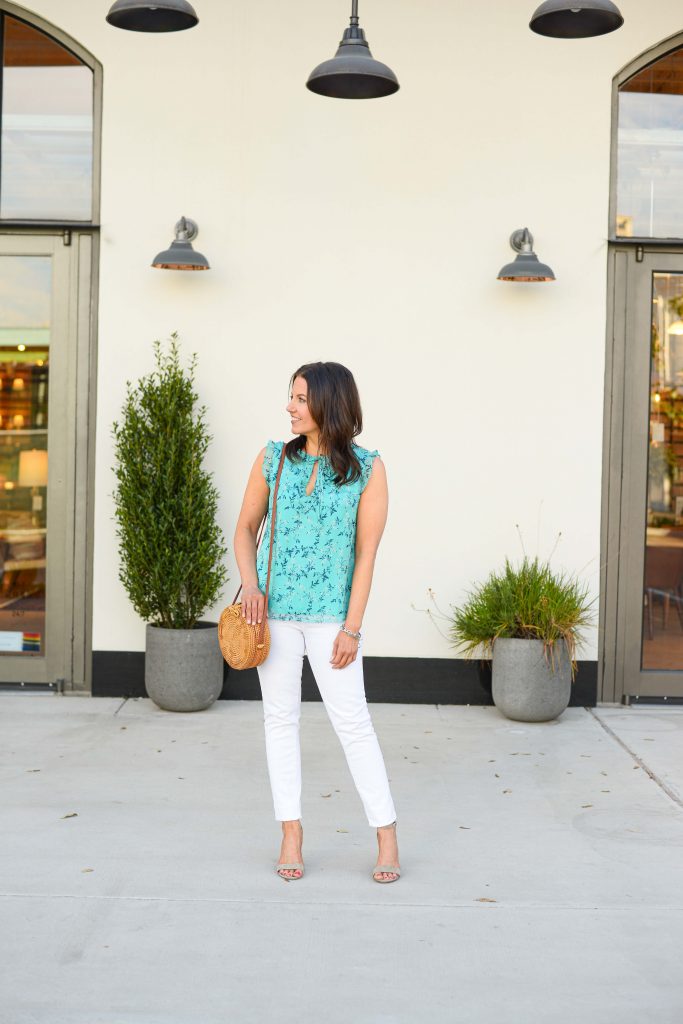 summer outfit | teal floral print blouse | taupe block heel sandals | Casual Fashion Blog Lady in Violet