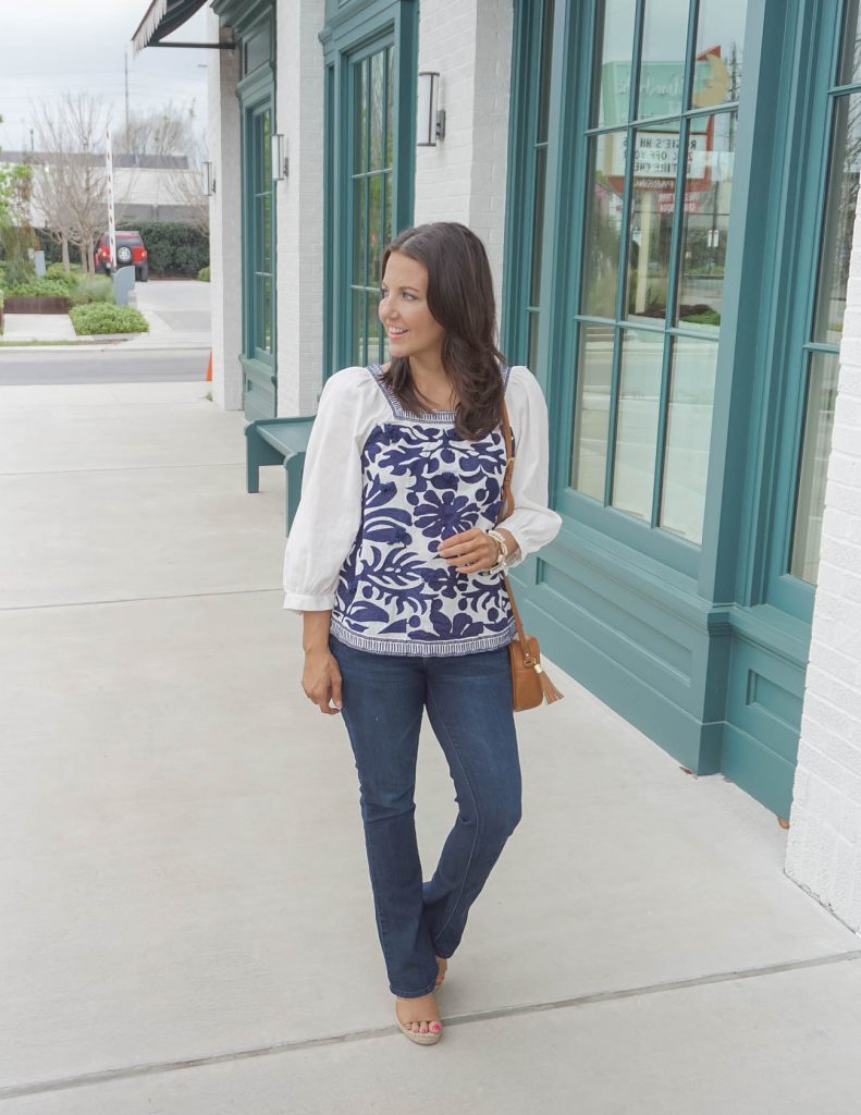 spring outfit | blue embroidered blouse | bootcut jeans | Affordable Fashion Blog Lady in Violet