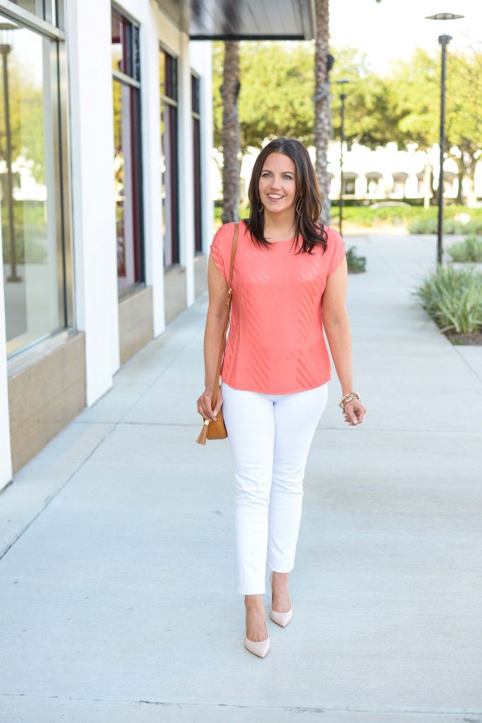 coral blouse outfit