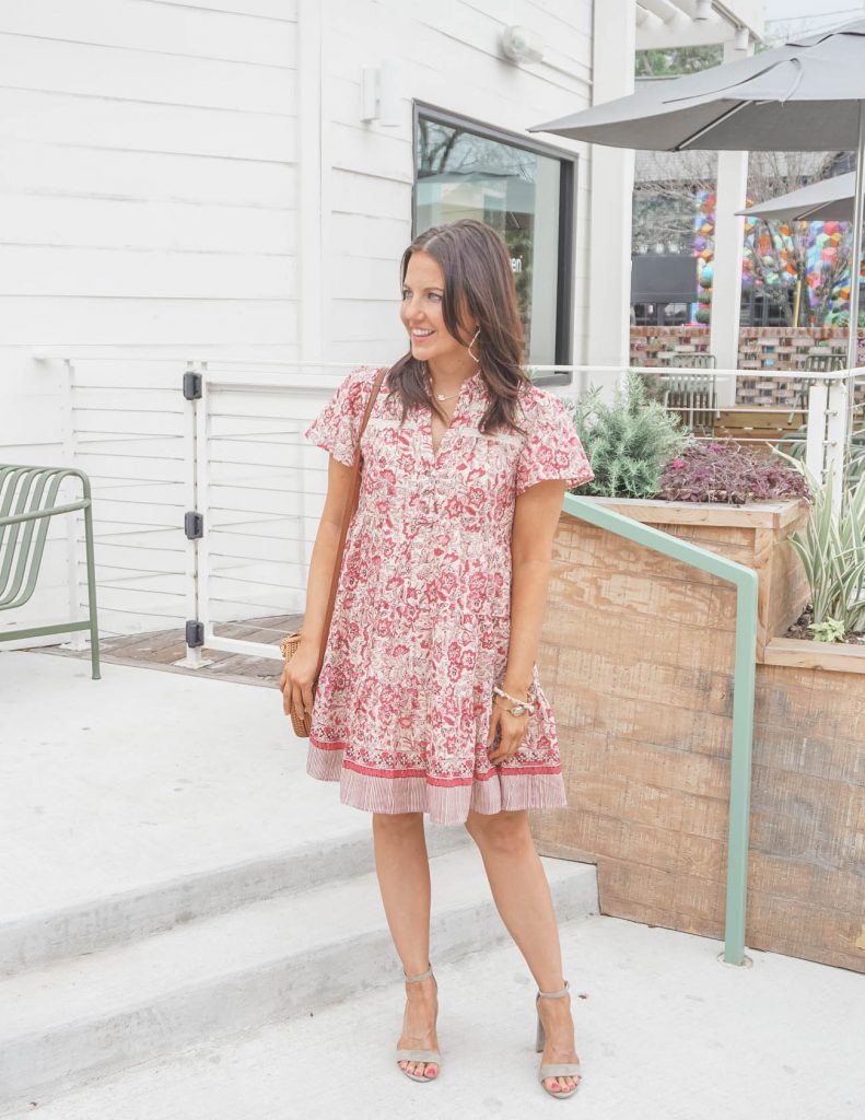 spring outfit | pink floral dress | nude colored sandals | Affordable Fashion Blog Lady in Violet