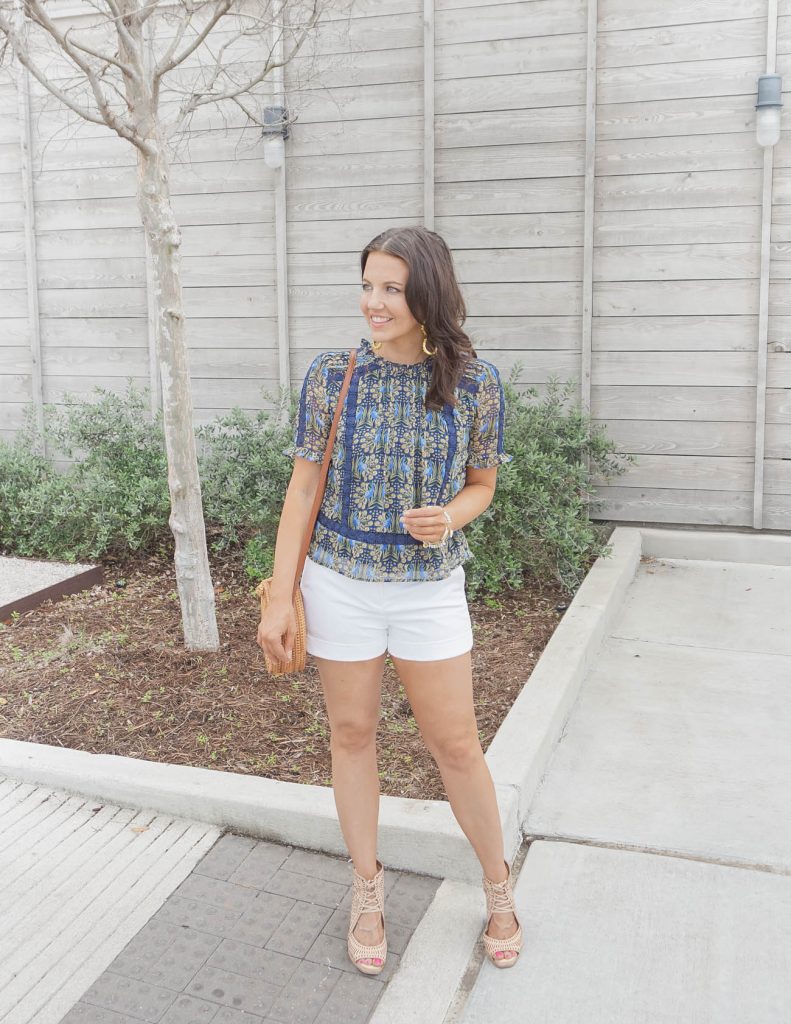 spring outfits | navy floral top with white cuffed shorts | Affordable Fashion Blog Lady in Violet