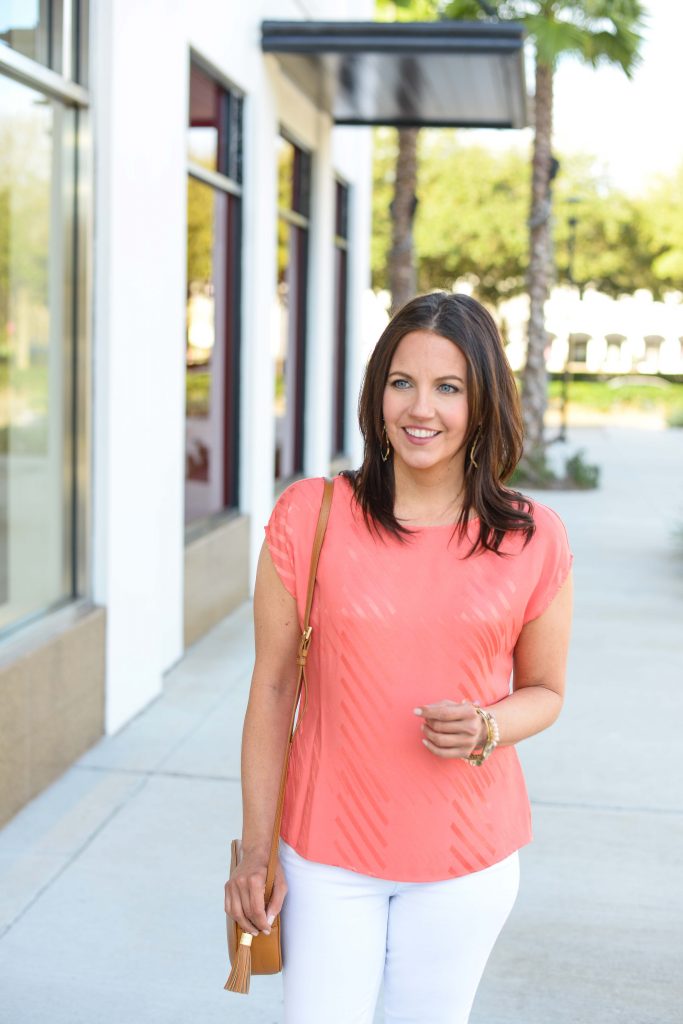 Easter outfit | coral striped top | brown crossbody purse | Houston Fashion Blogger Lady in Violet