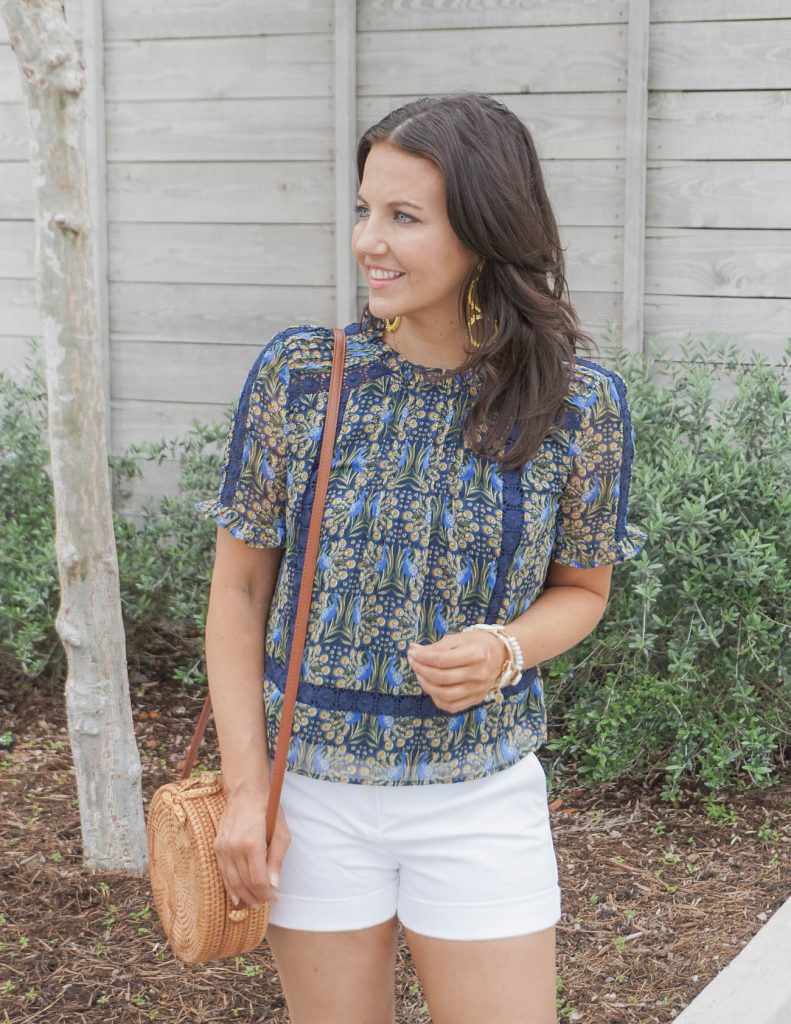 summer outfits | navy and yellow floral blouse paired with white cotton shorts | Petite Fashion Blog Lady in Violet
