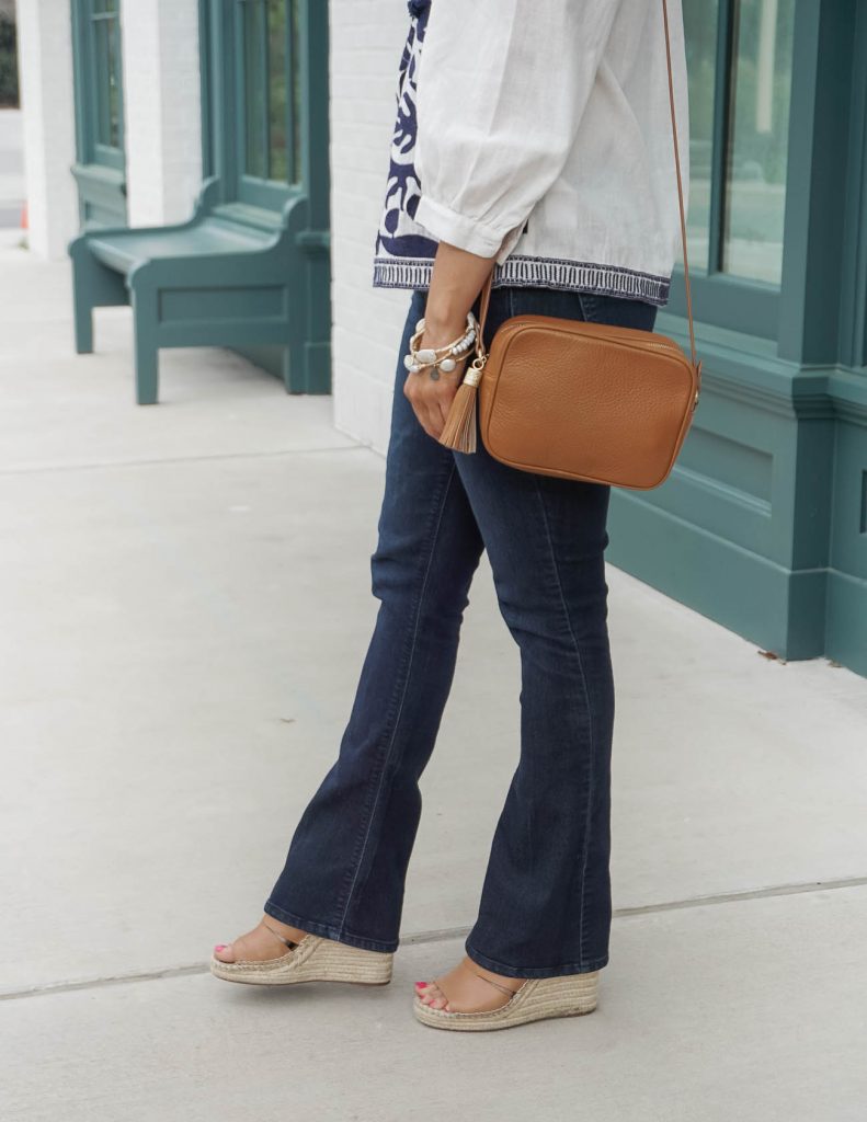 casual spring outfit | dark wash bootcut jeans | brown espadrille wedges | Petite Fashion Blog Lady in Violet