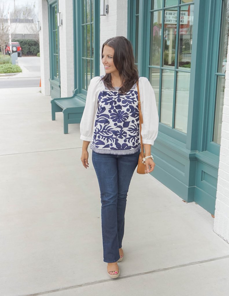 Casual Outfits | Blue and white embroidered blouse | dark blue flared jeans | Everyday Style Blog Lady in Violet