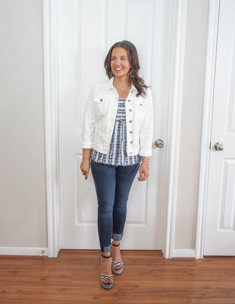 spring outfit | white denim jacket with cuffed jeans | Petite Fashion Blog Lady in Violet