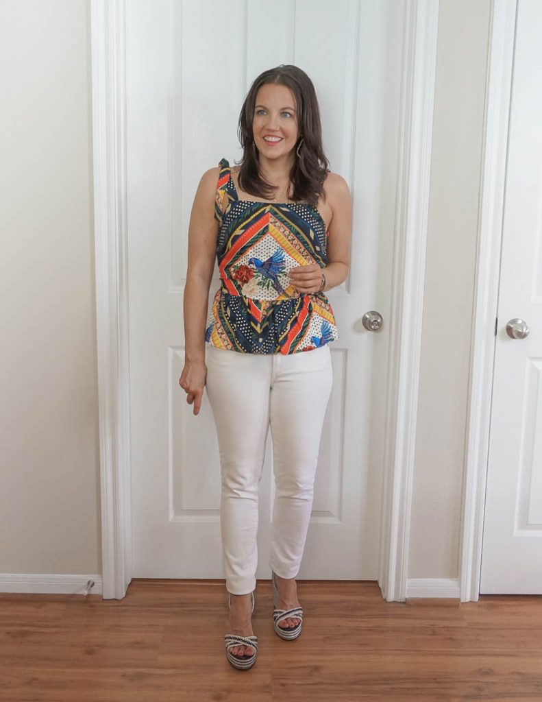 summer outfit | tie strap top with white jeans | Attainable Style Blog Lady in Violet