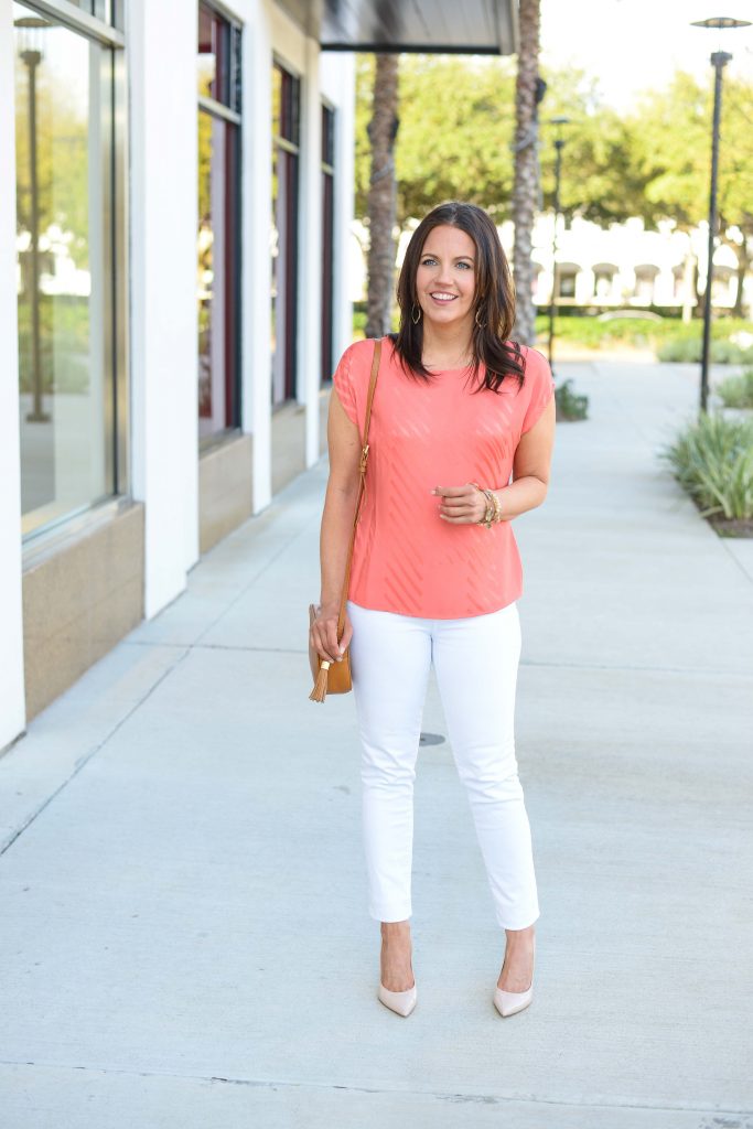 casual easter outfit | coral striped blouse | white jeans | Texas Fashion Blog Lady in Violet