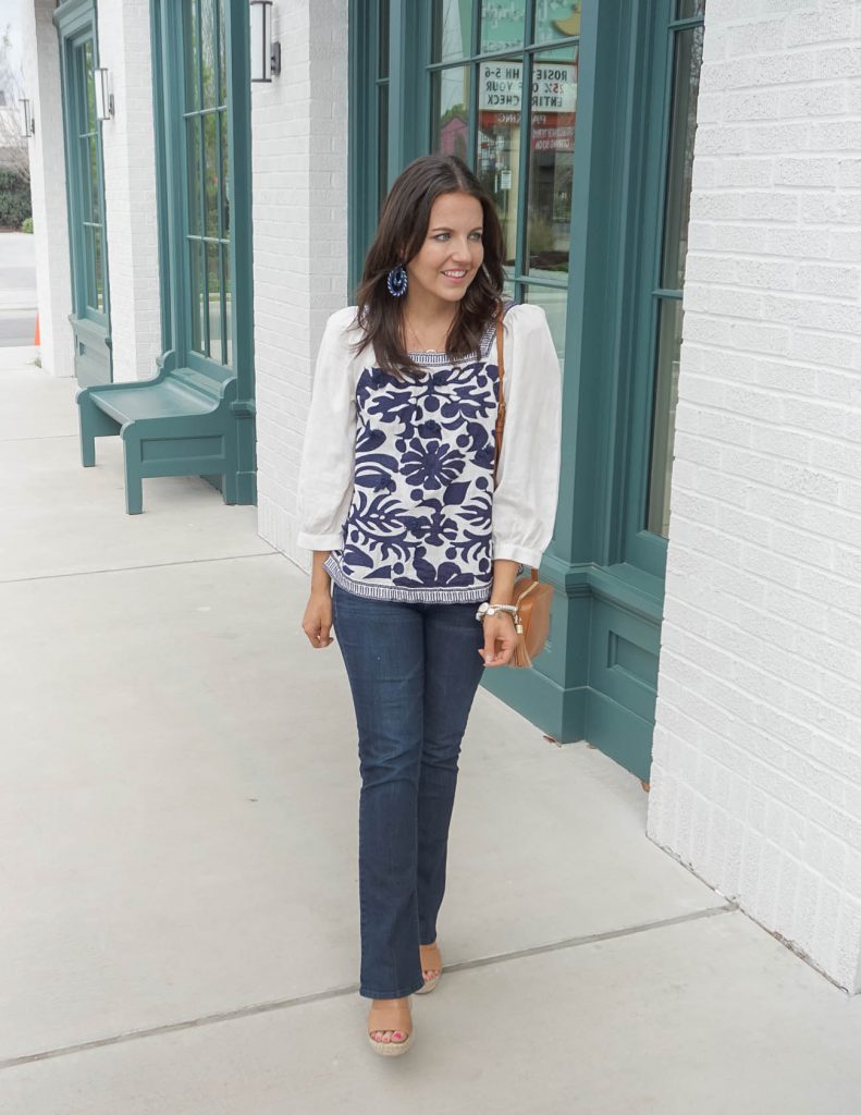 casual fall outfit | navy embroidered top with dark wash flare jeans | Texas Fashion Blogger Lady in Violet