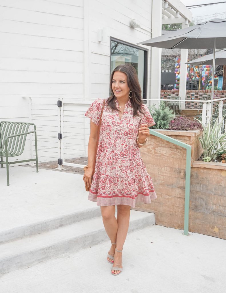 shower outfit idea | pink floral short sleeve shirtdress | nude colored heels | Texas Fashion Blog Lady in Violet