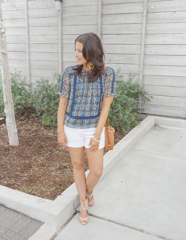 spring outfit | navy blue floral print top with white dress shorts | Casual Fashion Blog Lady in Violet