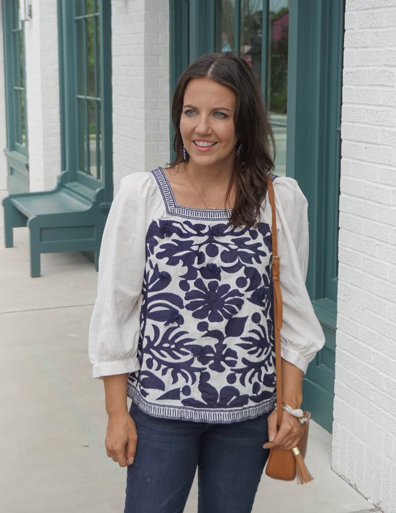 spring outfit | navy blue and white embroidered top | brown small purse | Affordable Fashion Blog Lady in Violet