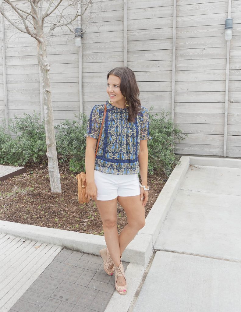 summer outfit | blue floral printed top paired with cute white shorts | Affordable Fashion Blogger Lady in Violet