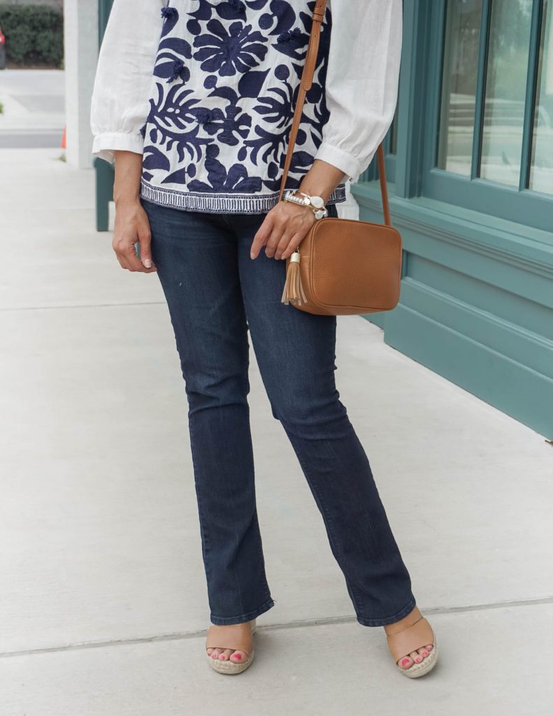 casual outfit | dark blue denim | brown wedge sandals | Sophisticated Style Blog Lady in Violet