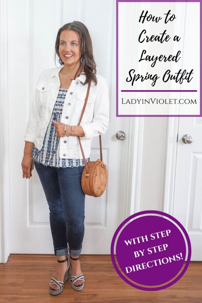 how to create a layered spring outfit | white denim jacket over babydoll cami top | Favorite Fashion Blogger Lady in Violet