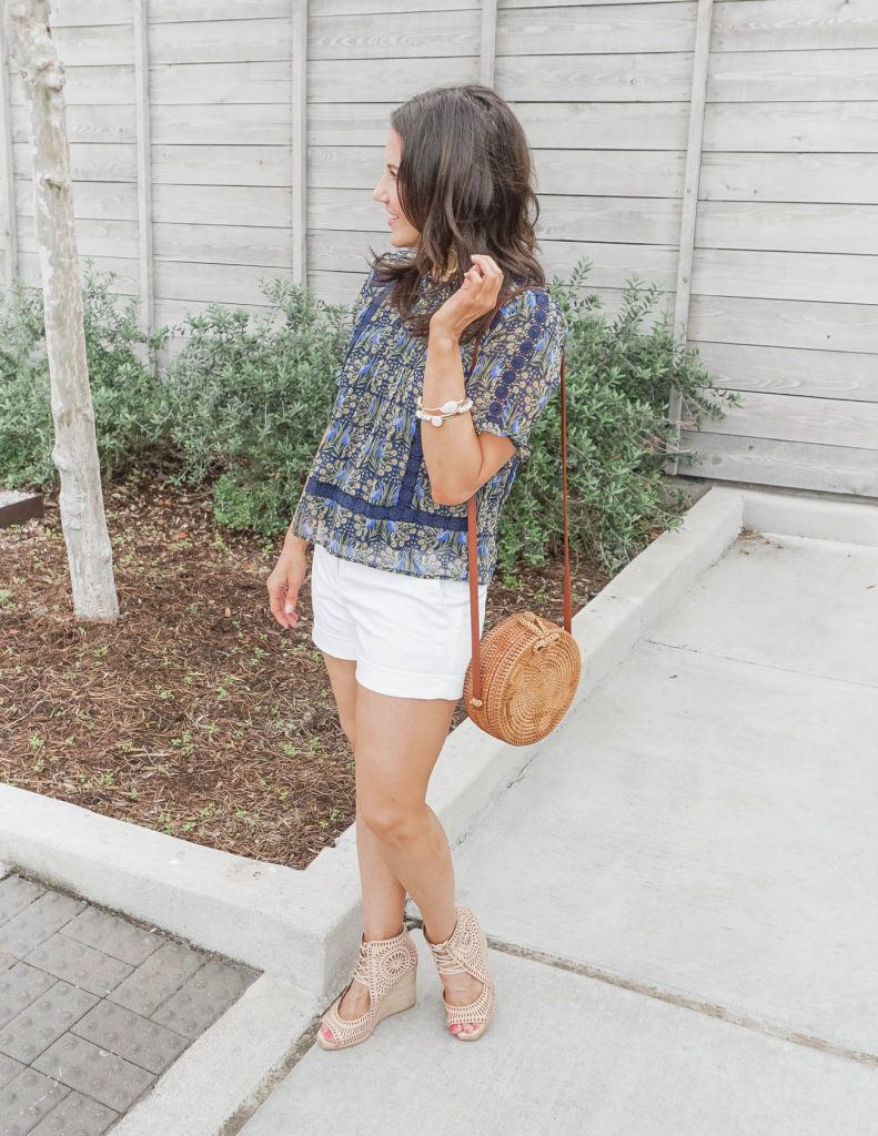 casual outfits | navy short sleeve top with white dress shorts | Popular Fashion Blogs Lady in Violet