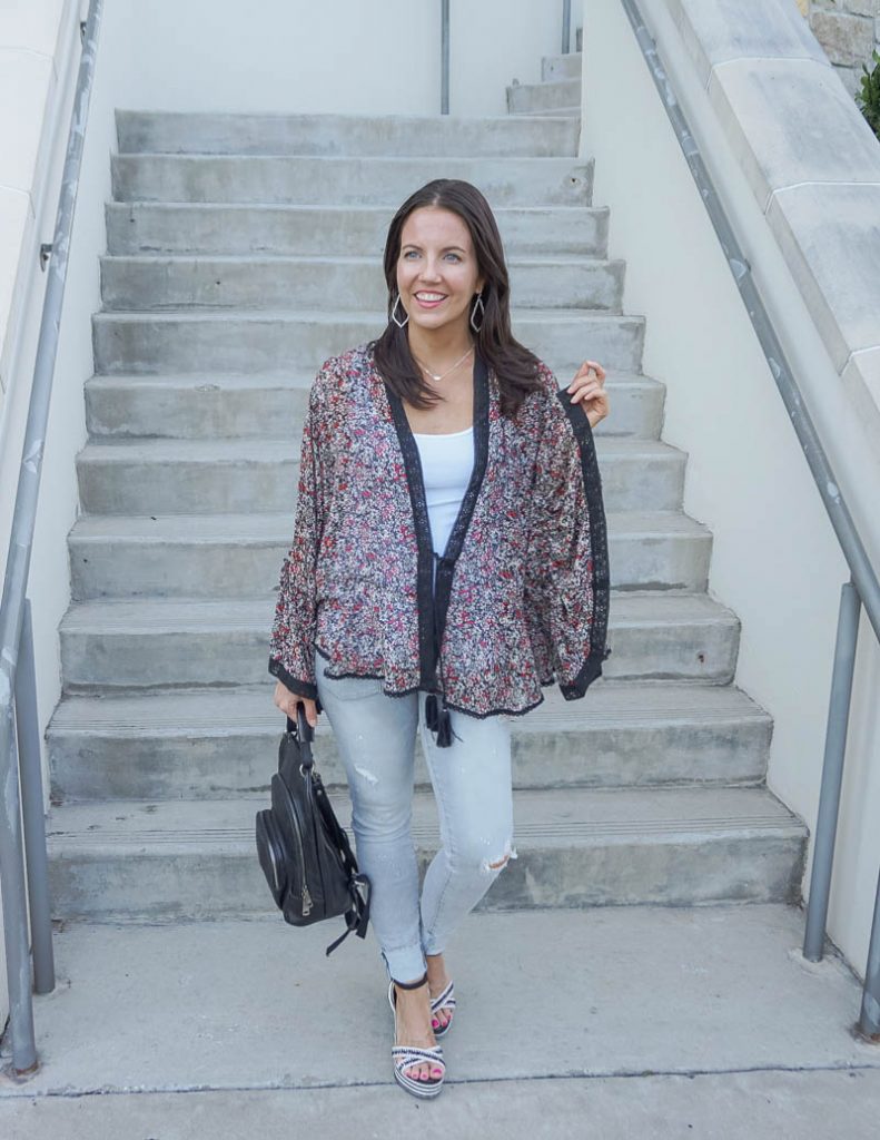 spring outfit | black floral print kimono with gray distressed jeans | Affordable Fashion Blog Lady in Violet