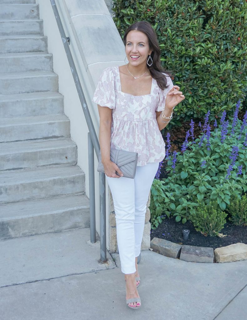summer outfit | pink floral babydoll top | white jeans | Affordable Fashion Blog Lady in Violet