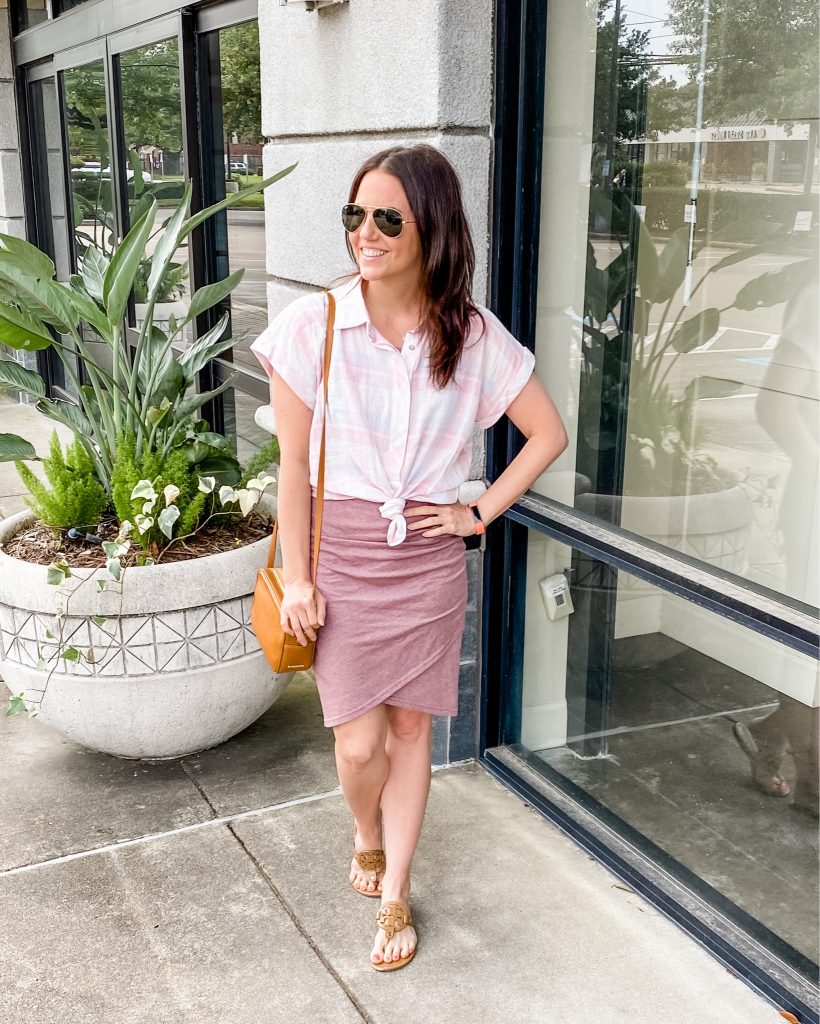 summer outfit | plaid top knotted over fitted pink dress | Affordable Fashion Blog Lady in Violet