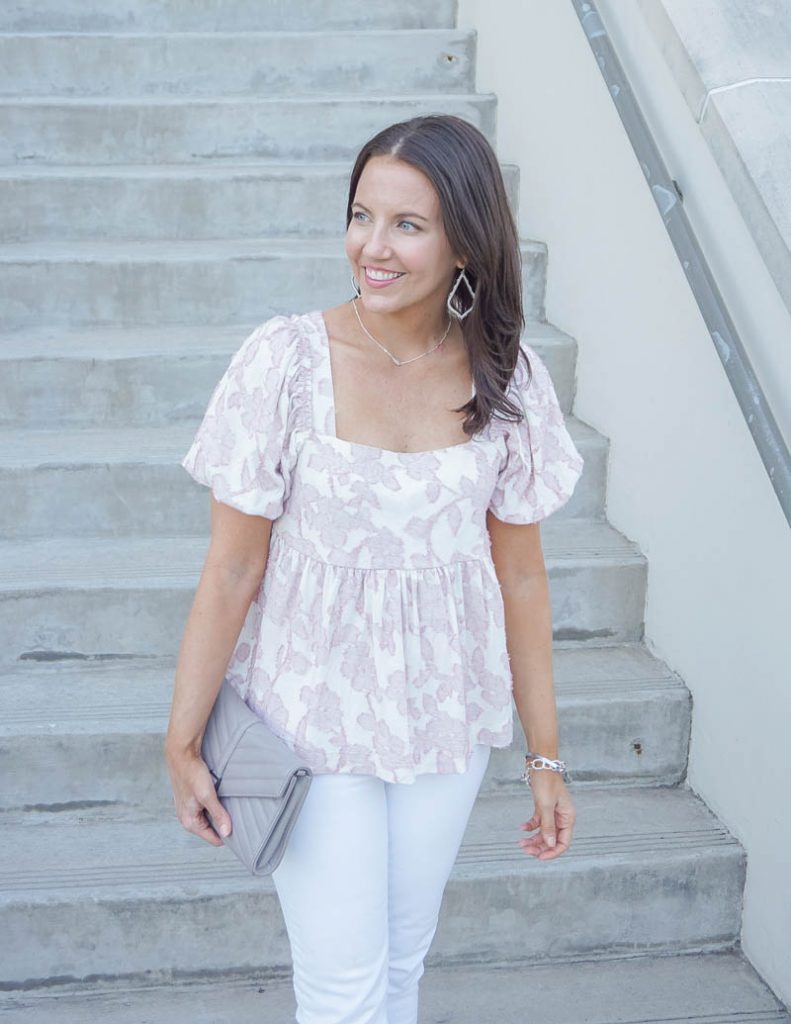 casual outfit | pink puff sleeve babydoll top | gray purse | Houston Fashion Blog Lady in Violet